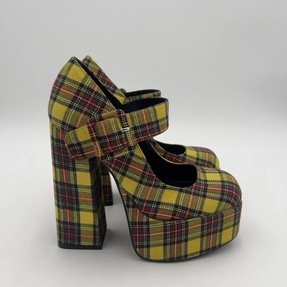 Bamboo Yellow Plaid Platform Mary Jane Round Toe Buckle Strap Heels Women's 6.5